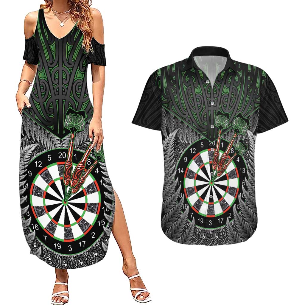 Personalised New Zealand Darts Couples Matching Summer Maxi Dress and Hawaiian Shirt Dartboard Maori Fern Puhoro Art