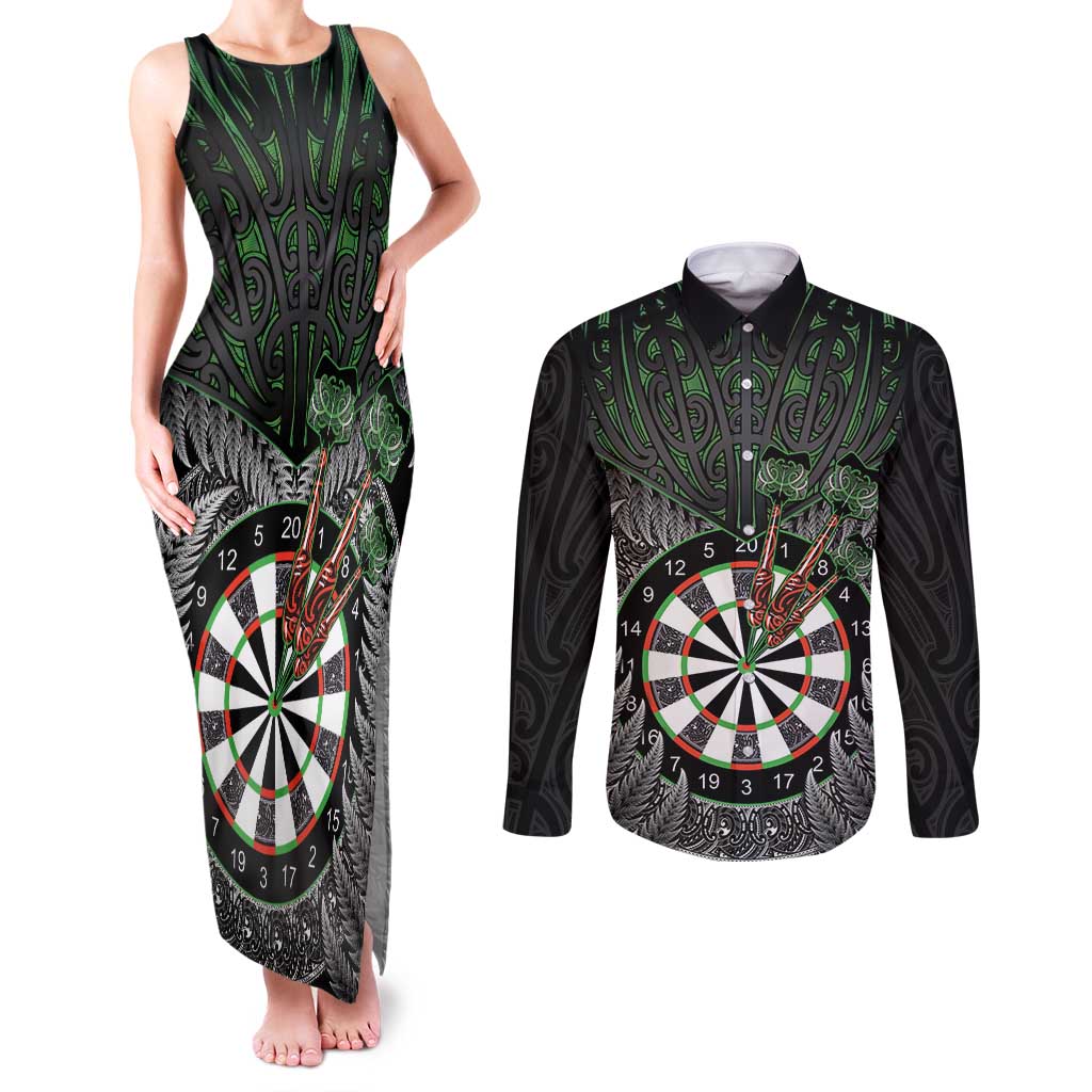 Personalised New Zealand Darts Couples Matching Tank Maxi Dress and Long Sleeve Button Shirt Dartboard Maori Fern Puhoro Art