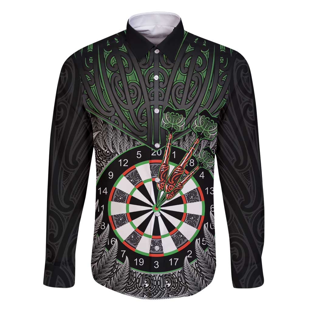 Personalised New Zealand Darts Family Matching Long Sleeve Bodycon Dress and Hawaiian Shirt Dartboard Maori Fern Puhoro Art