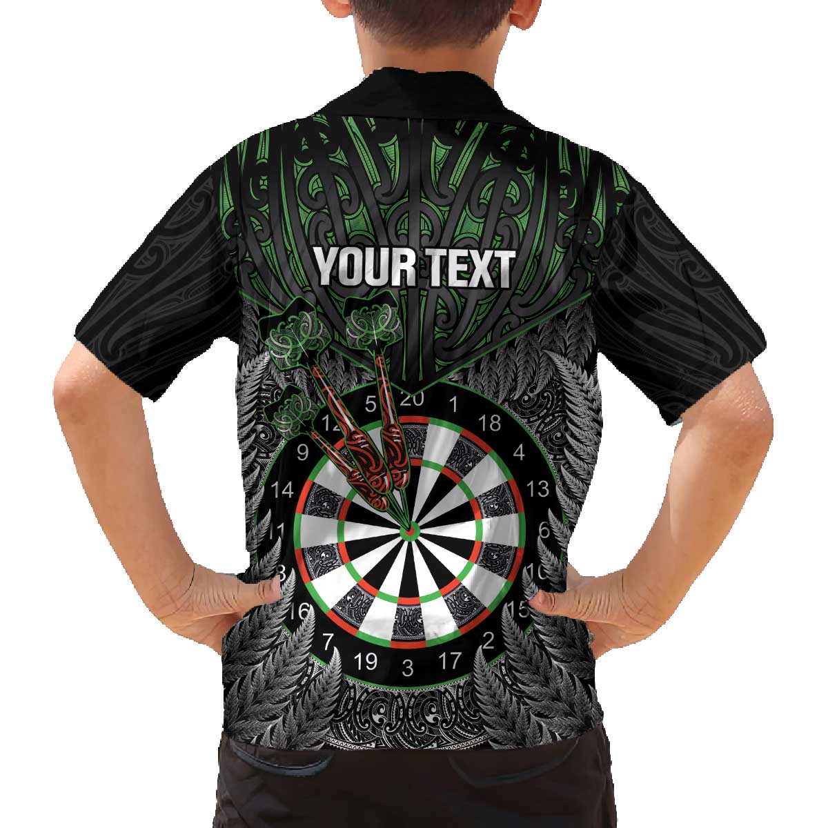 Personalised New Zealand Darts Family Matching Off The Shoulder Long Sleeve Dress and Hawaiian Shirt Dartboard Maori Fern Puhoro Art LT14 - Polynesian Pride
