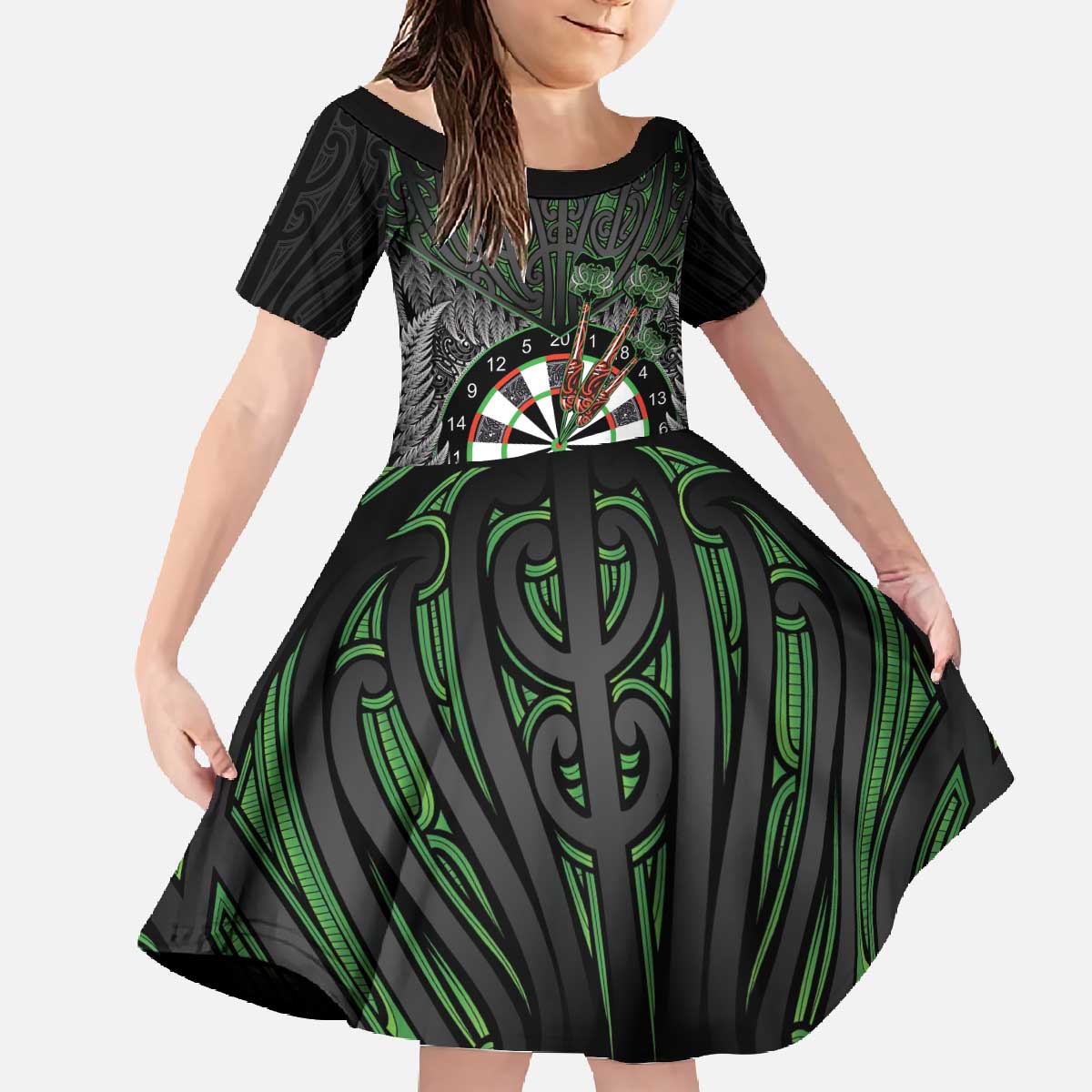 Personalised New Zealand Darts Family Matching Off The Shoulder Long Sleeve Dress and Hawaiian Shirt Dartboard Maori Fern Puhoro Art LT14 Daughter's Dress Black - Polynesian Pride