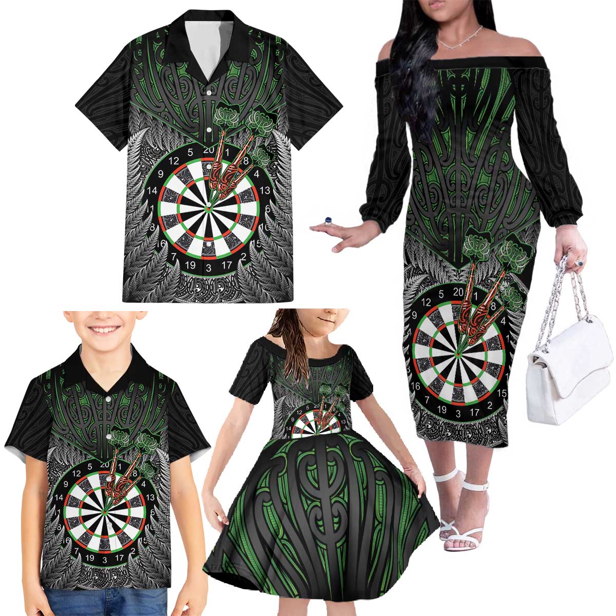 Personalised New Zealand Darts Family Matching Off The Shoulder Long Sleeve Dress and Hawaiian Shirt Dartboard Maori Fern Puhoro Art