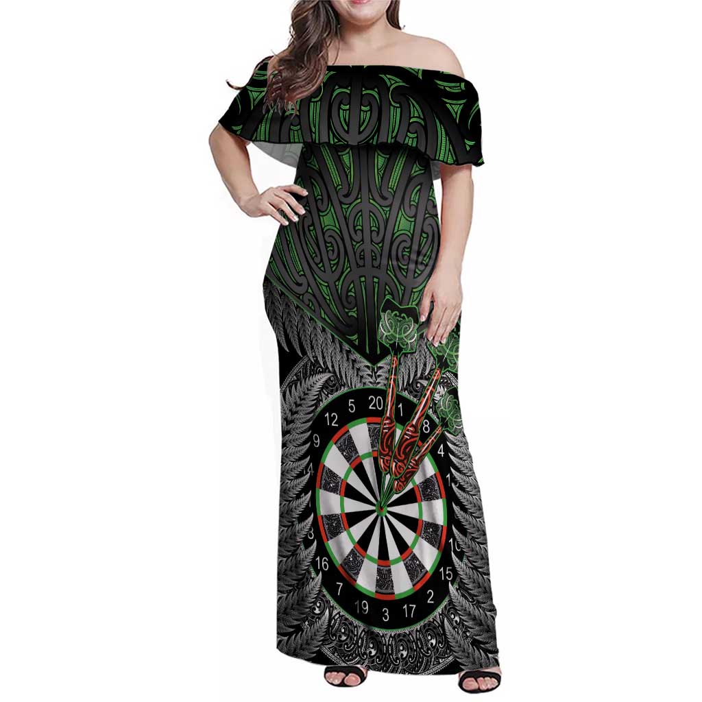 Personalised New Zealand Darts Family Matching Off Shoulder Maxi Dress and Hawaiian Shirt Dartboard Maori Fern Puhoro Art
