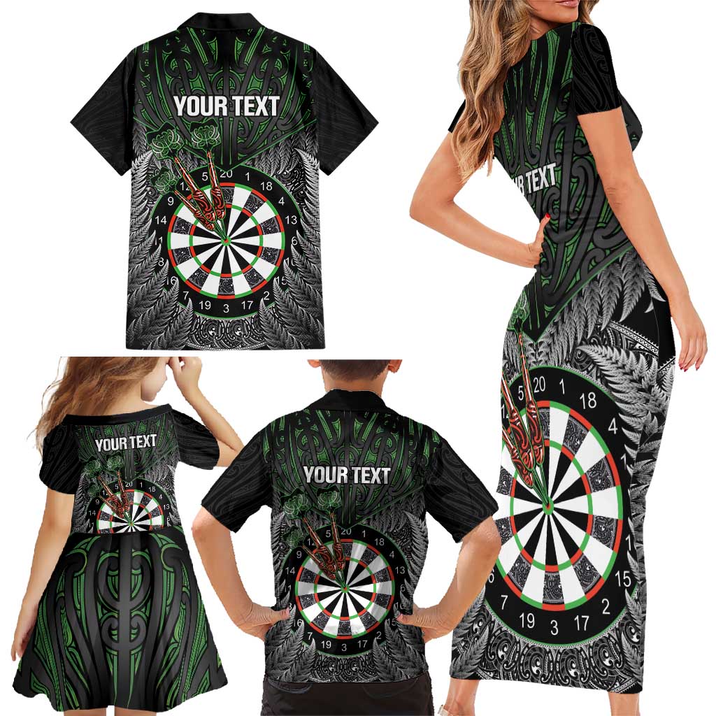 Personalised New Zealand Darts Family Matching Short Sleeve Bodycon Dress and Hawaiian Shirt Dartboard Maori Fern Puhoro Art