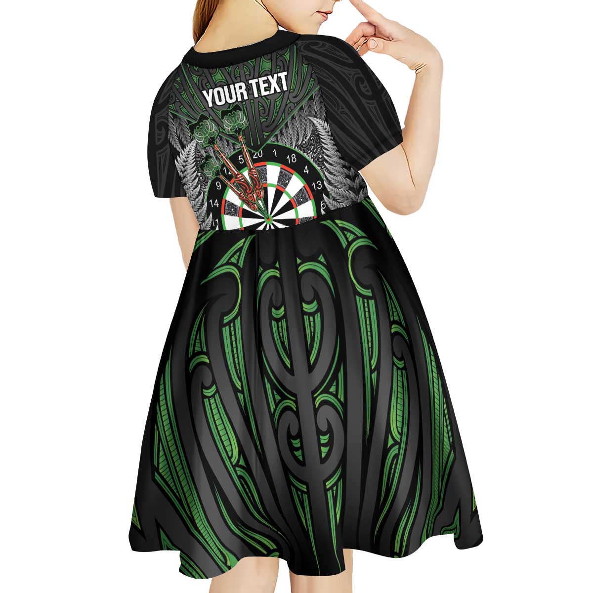 Personalised New Zealand Darts Kid Short Sleeve Dress Dartboard Maori Fern Puhoro Art