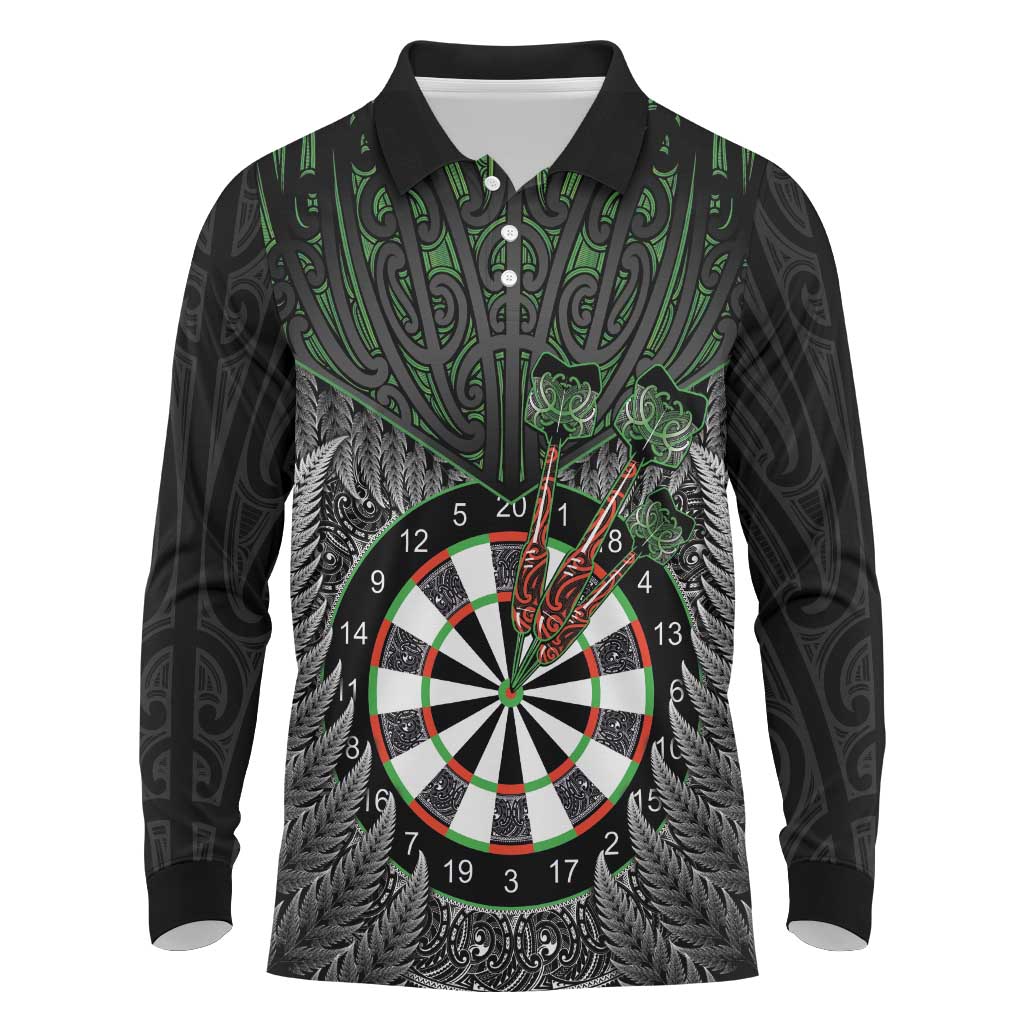 Personalised New Zealand Darts Long Sleeve Polo Shirt Dartboard Maori Fern Puhoro Art