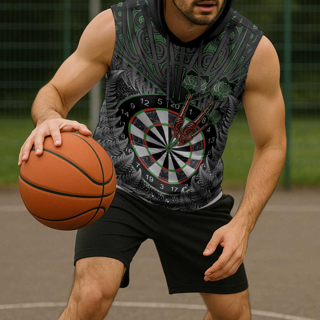 Personalised New Zealand Darts Sleeveless Hoodie Dartboard Maori Fern Puhoro Art - Polynesian Pride