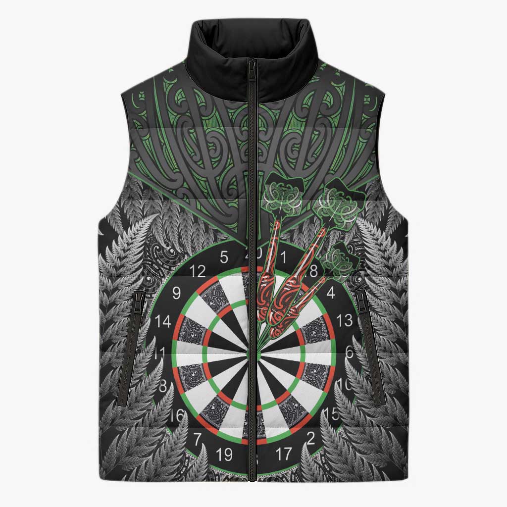 Personalised New Zealand Darts Sleeveless Puffer Jacket Dartboard Maori Fern Puhoro Art - Polynesian Pride
