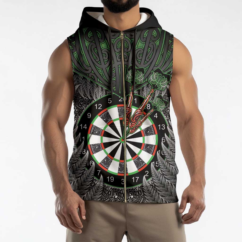 Personalised New Zealand Darts Sleeveless Zip Hoodie Dartboard Maori Fern Puhoro Art - Polynesian Pride