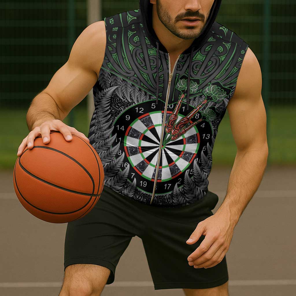 Personalised New Zealand Darts Sleeveless Zip Hoodie Dartboard Maori Fern Puhoro Art - Polynesian Pride