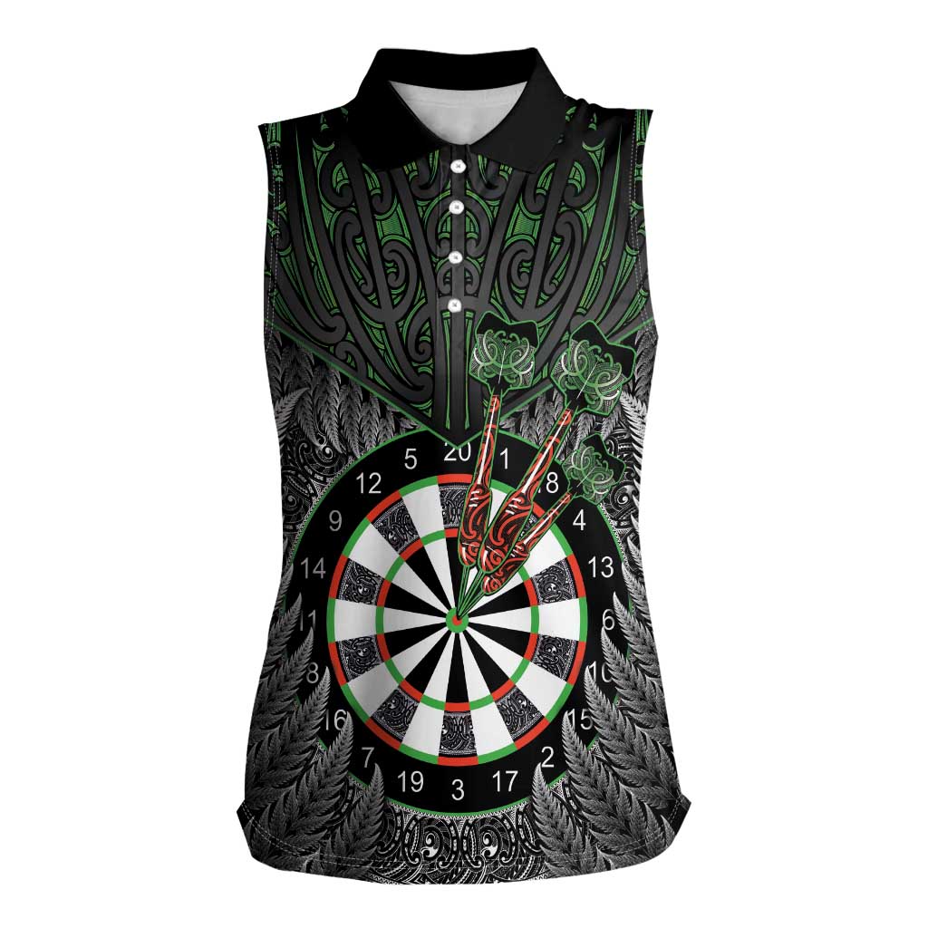 Personalised New Zealand Darts Women Sleeveless Polo Shirt Dartboard Maori Fern Puhoro Art