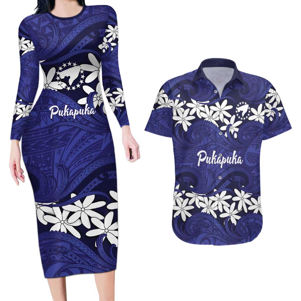 Personalised Cook Islands Pukapuka Couples Matching Long Sleeve Bodycon Dress and Hawaiian Shirt Tiare Maori Polynesian Waves Tattoo