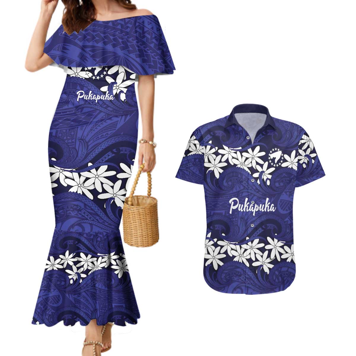 Personalised Cook Islands Pukapuka Couples Matching Mermaid Dress and Hawaiian Shirt Tiare Maori Polynesian Waves Tattoo