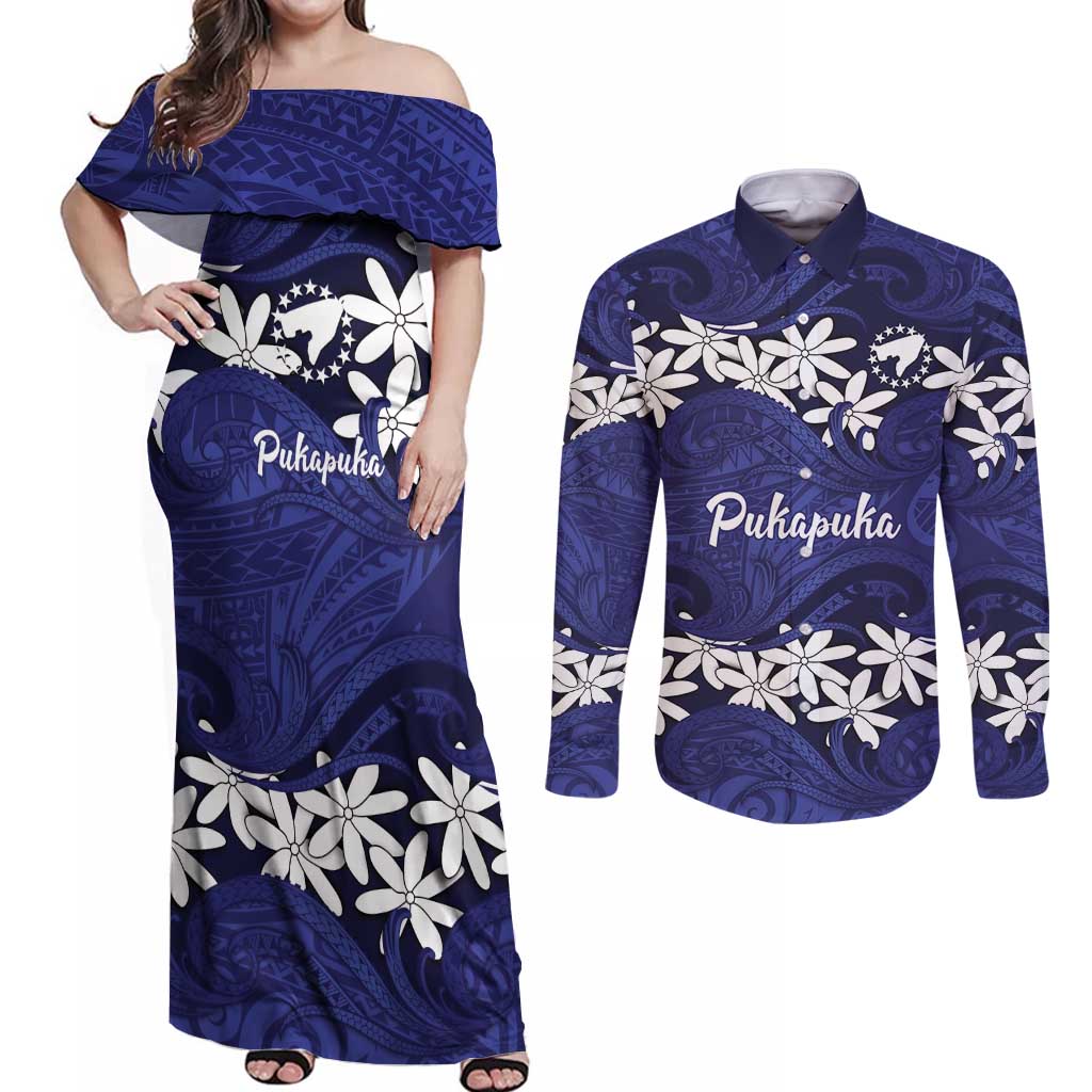Personalised Cook Islands Pukapuka Couples Matching Off Shoulder Maxi Dress and Long Sleeve Button Shirt Tiare Maori Polynesian Waves Tattoo