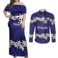 Personalised Cook Islands Pukapuka Couples Matching Off Shoulder Maxi Dress and Long Sleeve Button Shirt Tiare Maori Polynesian Waves Tattoo
