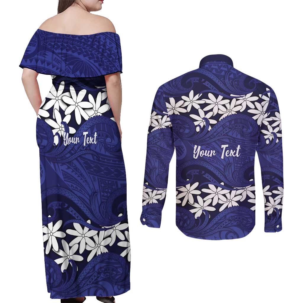 Personalised Cook Islands Pukapuka Couples Matching Off Shoulder Maxi Dress and Long Sleeve Button Shirt Tiare Maori Polynesian Waves Tattoo