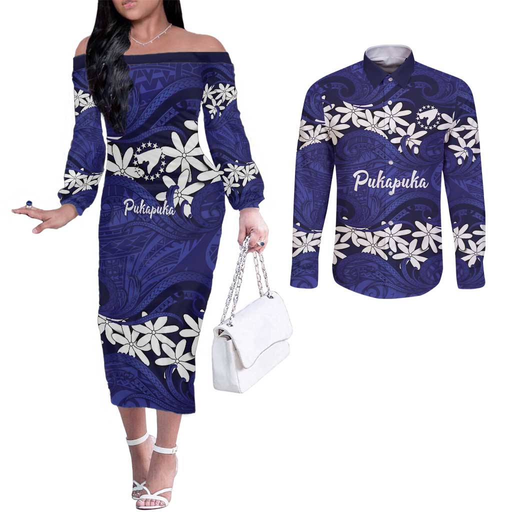 Personalised Cook Islands Pukapuka Couples Matching Off The Shoulder Long Sleeve Dress and Long Sleeve Button Shirt Tiare Maori Polynesian Waves Tattoo