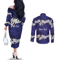 Personalised Cook Islands Pukapuka Couples Matching Off The Shoulder Long Sleeve Dress and Long Sleeve Button Shirt Tiare Maori Polynesian Waves Tattoo