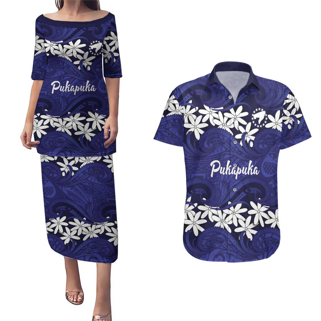 Personalised Cook Islands Pukapuka Couples Matching Puletasi and Hawaiian Shirt Tiare Maori Polynesian Waves Tattoo