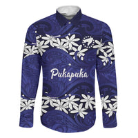 Personalised Cook Islands Pukapuka Family Matching Short Sleeve Bodycon Dress and Hawaiian Shirt Tiare Maori Polynesian Waves Tattoo LT14 Dad's Shirt - Long Sleeve Blue - Polynesian Pride