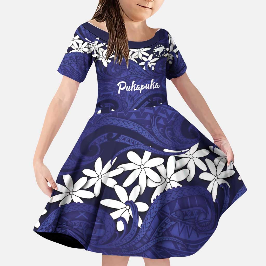 Personalised Cook Islands Pukapuka Family Matching Summer Maxi Dress and Hawaiian Shirt Tiare Maori Polynesian Waves Tattoo LT14 Daughter's Dress Blue - Polynesian Pride