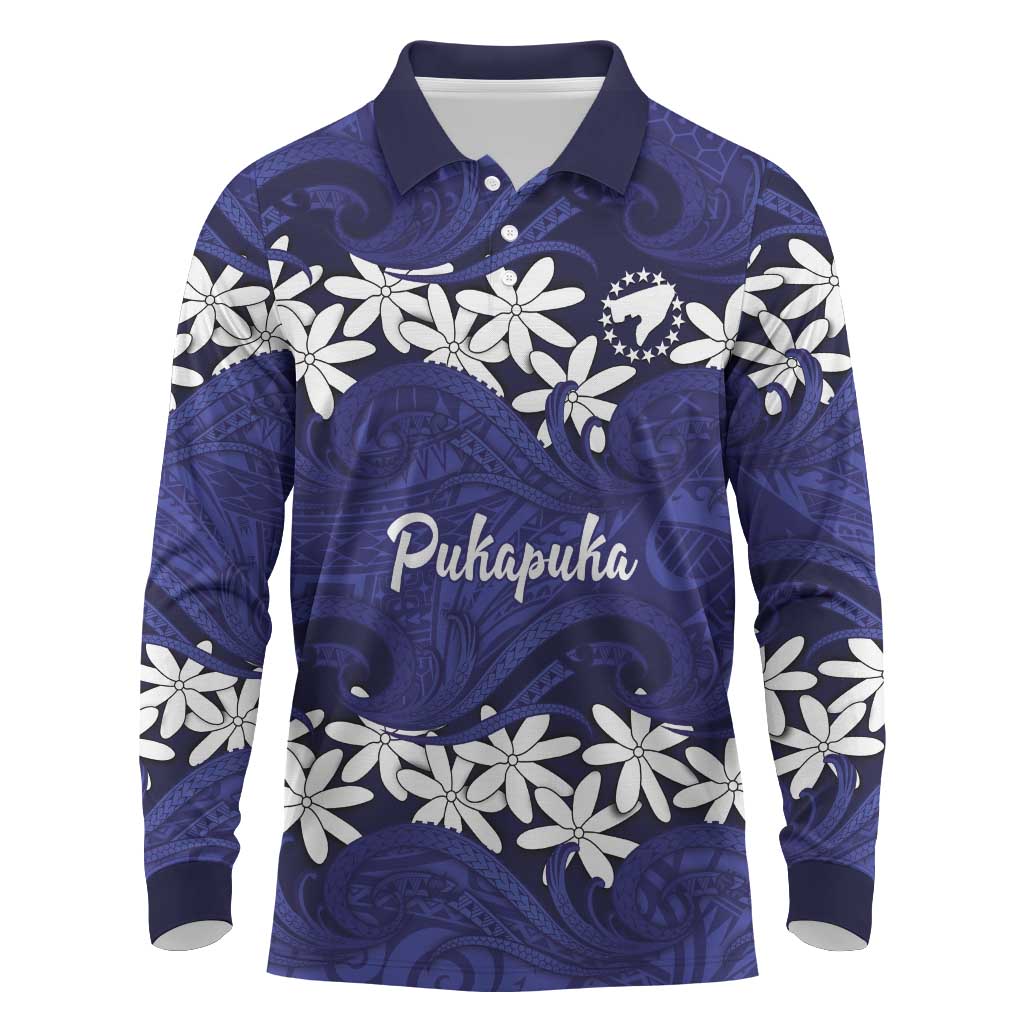 Personalised Cook Islands Pukapuka Long Sleeve Polo Shirt Tiare Maori Polynesian Waves Tattoo