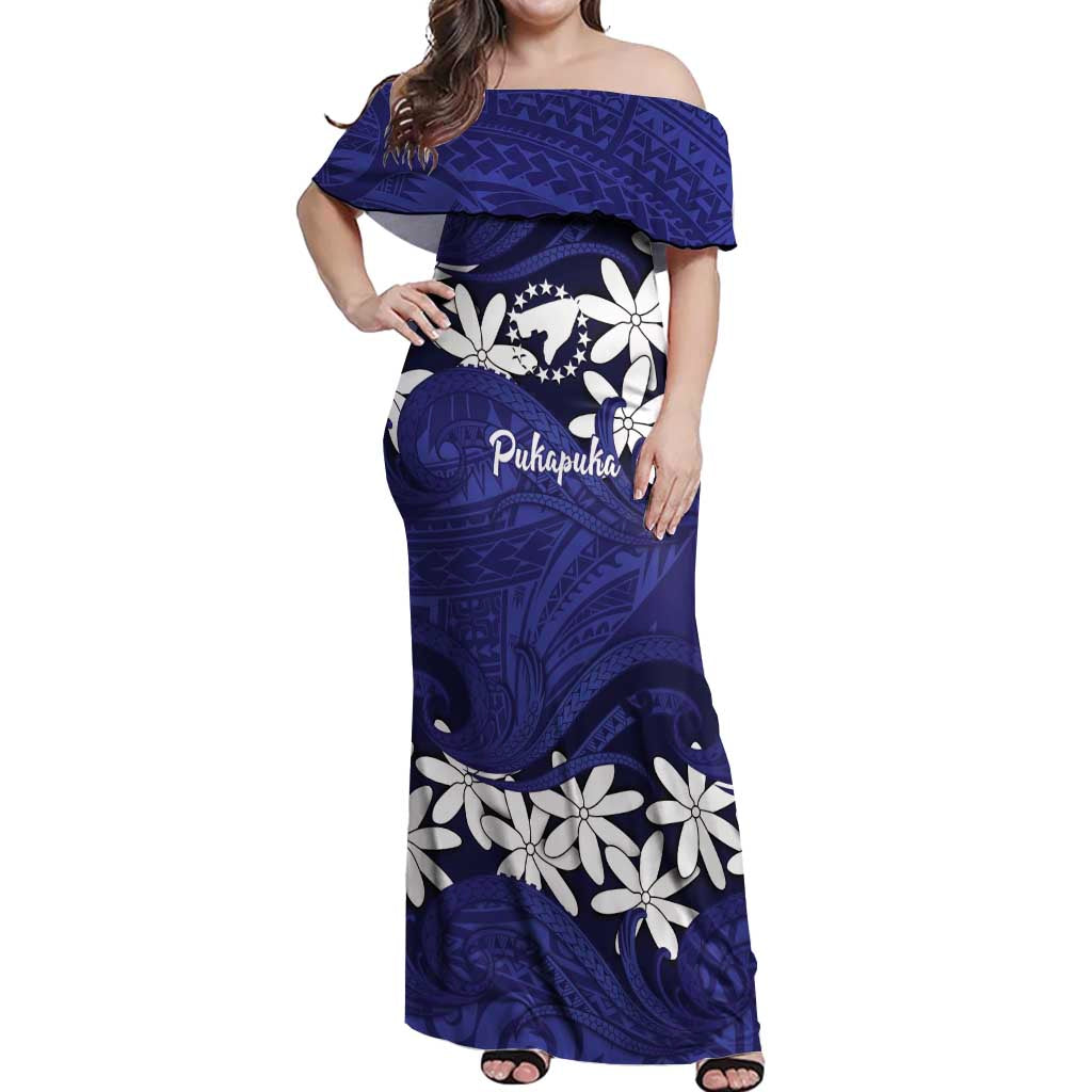 Personalised Cook Islands Pukapuka Off Shoulder Maxi Dress Tiare Maori Polynesian Waves Tattoo