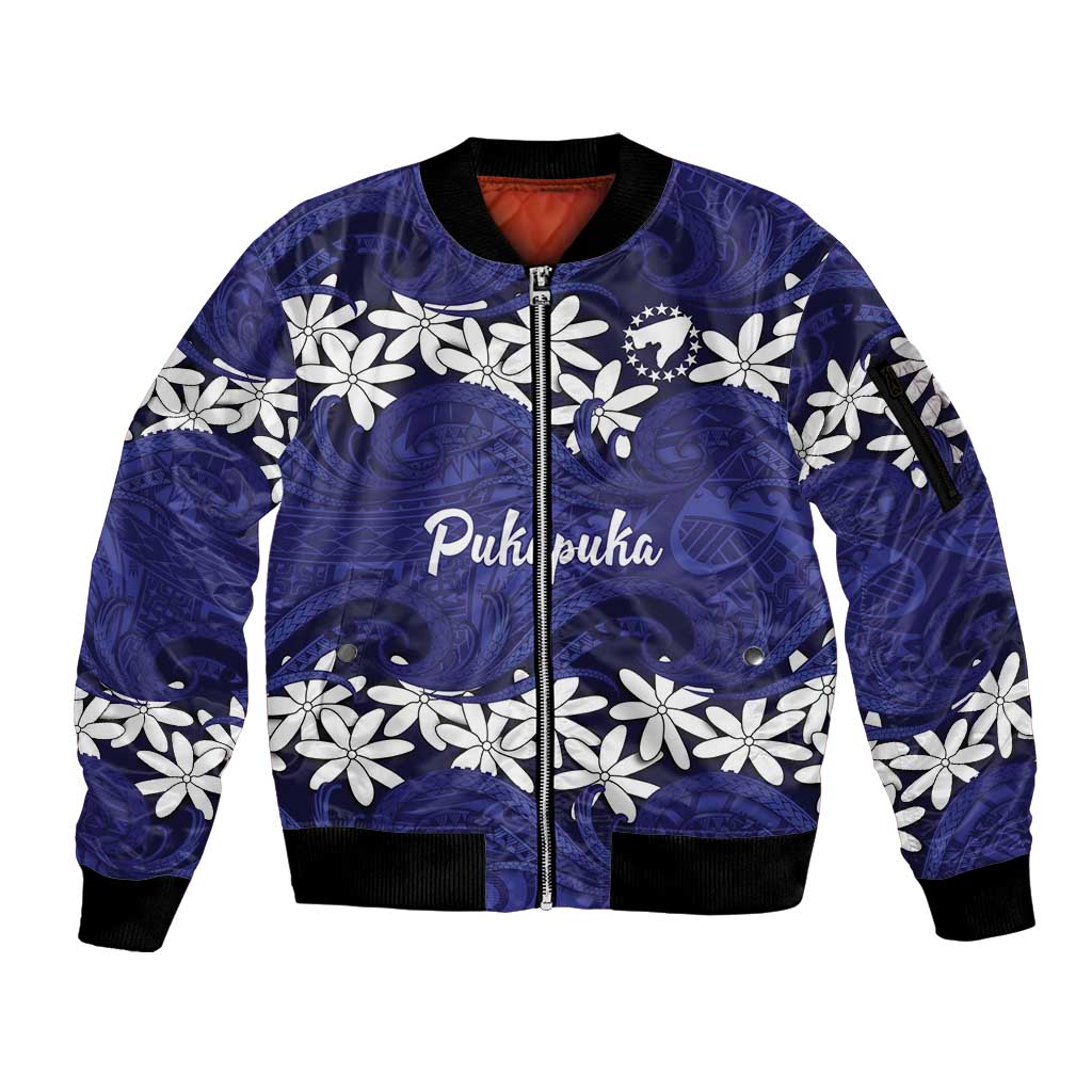 Personalised Cook Islands Pukapuka Sleeve Zip Bomber Jacket Tiare Maori Polynesian Waves Tattoo
