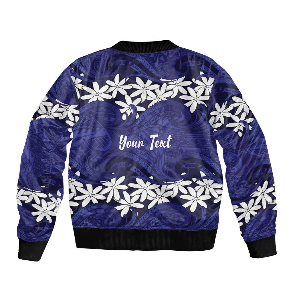 Personalised Cook Islands Pukapuka Sleeve Zip Bomber Jacket Tiare Maori Polynesian Waves Tattoo