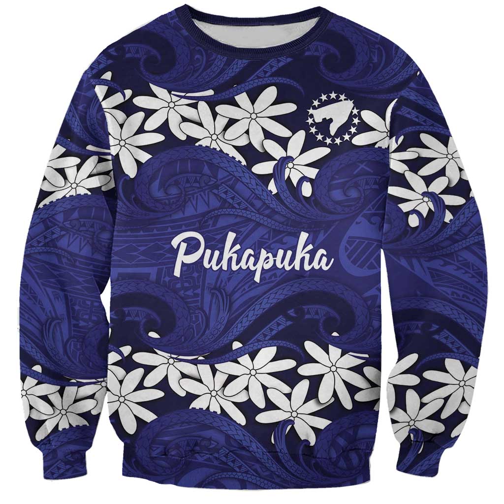 Personalised Cook Islands Pukapuka Sweatshirt Tiare Maori Polynesian Waves Tattoo LT14 Unisex Blue - Polynesian Pride