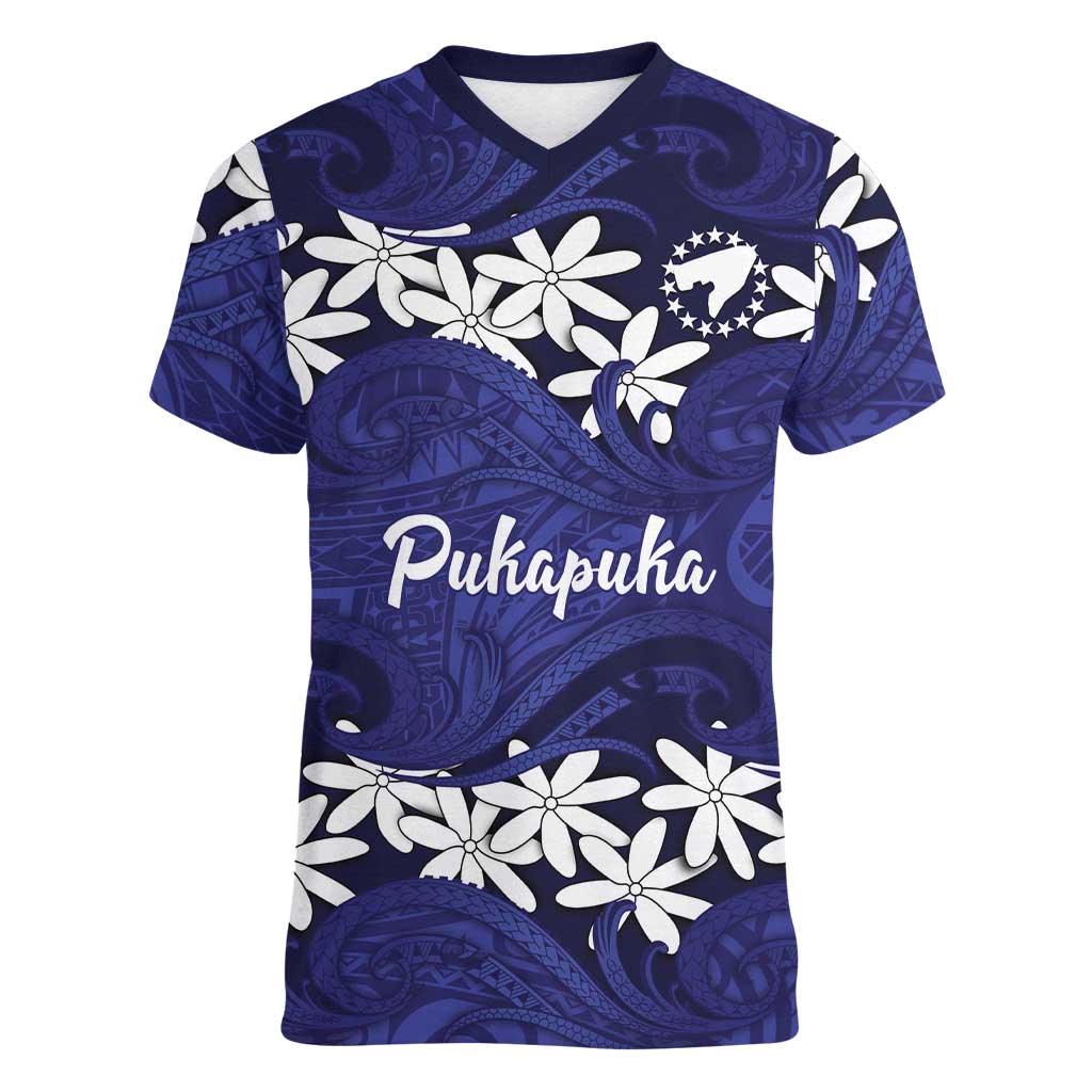 Personalised Cook Islands Pukapuka Women V-Neck T-Shirt Tiare Maori Polynesian Waves Tattoo