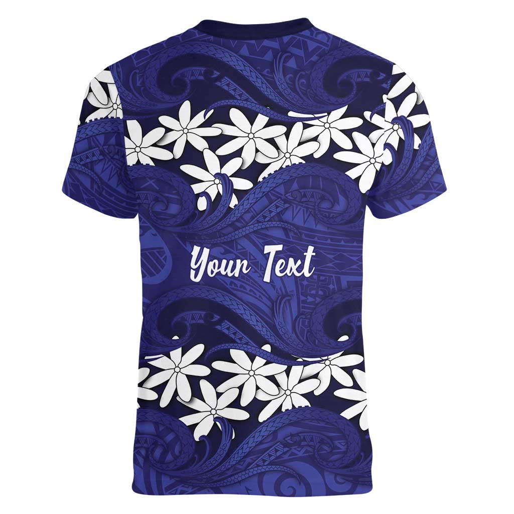 Personalised Cook Islands Pukapuka Women V-Neck T-Shirt Tiare Maori Polynesian Waves Tattoo