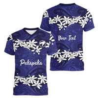 Personalised Cook Islands Pukapuka Women V-Neck T-Shirt Tiare Maori Polynesian Waves Tattoo