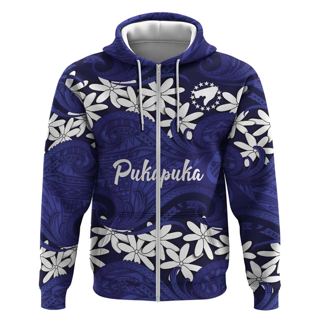 Personalised Cook Islands Pukapuka Zip Hoodie Tiare Maori Polynesian Waves Tattoo LT14 Zip Hoodie Blue - Polynesian Pride