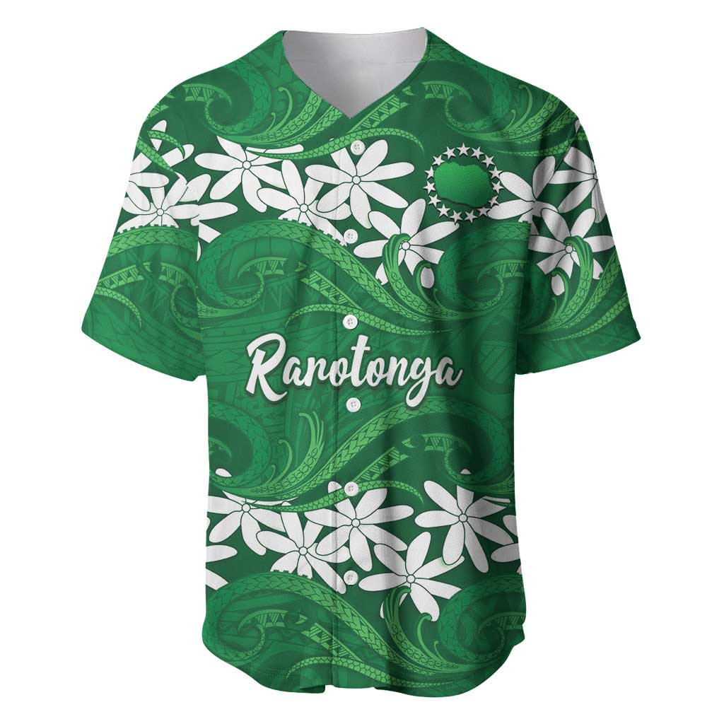 Personalised Cook Islands Rarotonga Baseball Jersey Tiare Maori Polynesian Waves Tattoo LT14 Green - Polynesian Pride