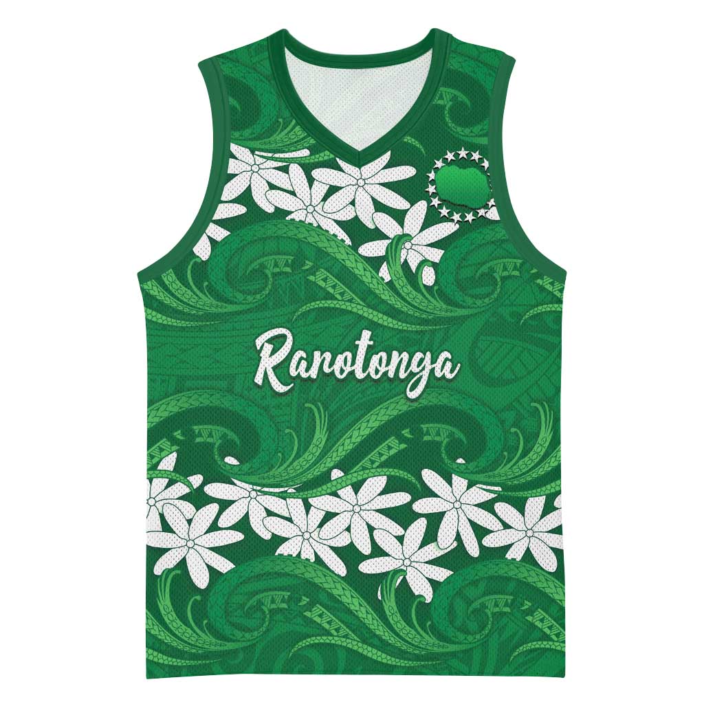 Personalised Cook Islands Rarotonga Basketball Jersey Tiare Maori Polynesian Waves Tattoo