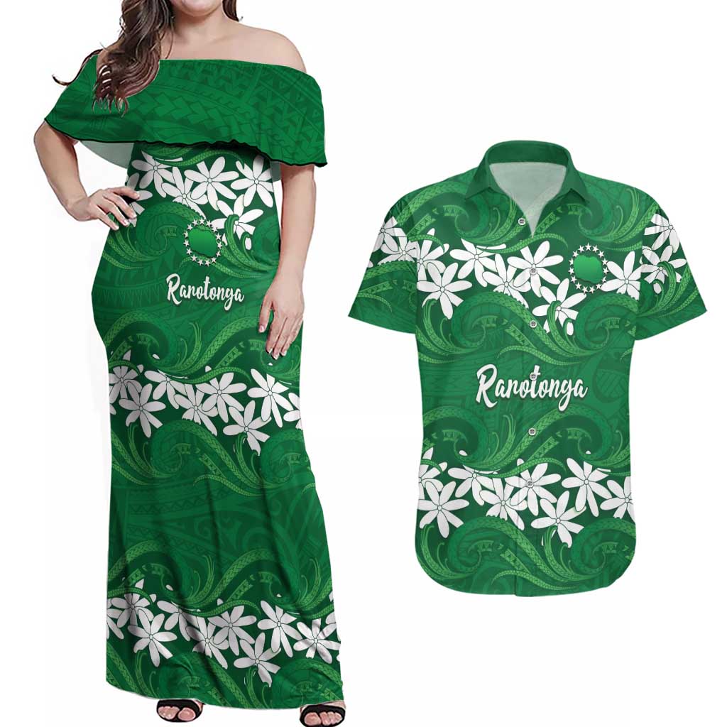 Personalised Cook Islands Rarotonga Couples Matching Off Shoulder Maxi Dress and Hawaiian Shirt Tiare Maori Polynesian Waves Tattoo