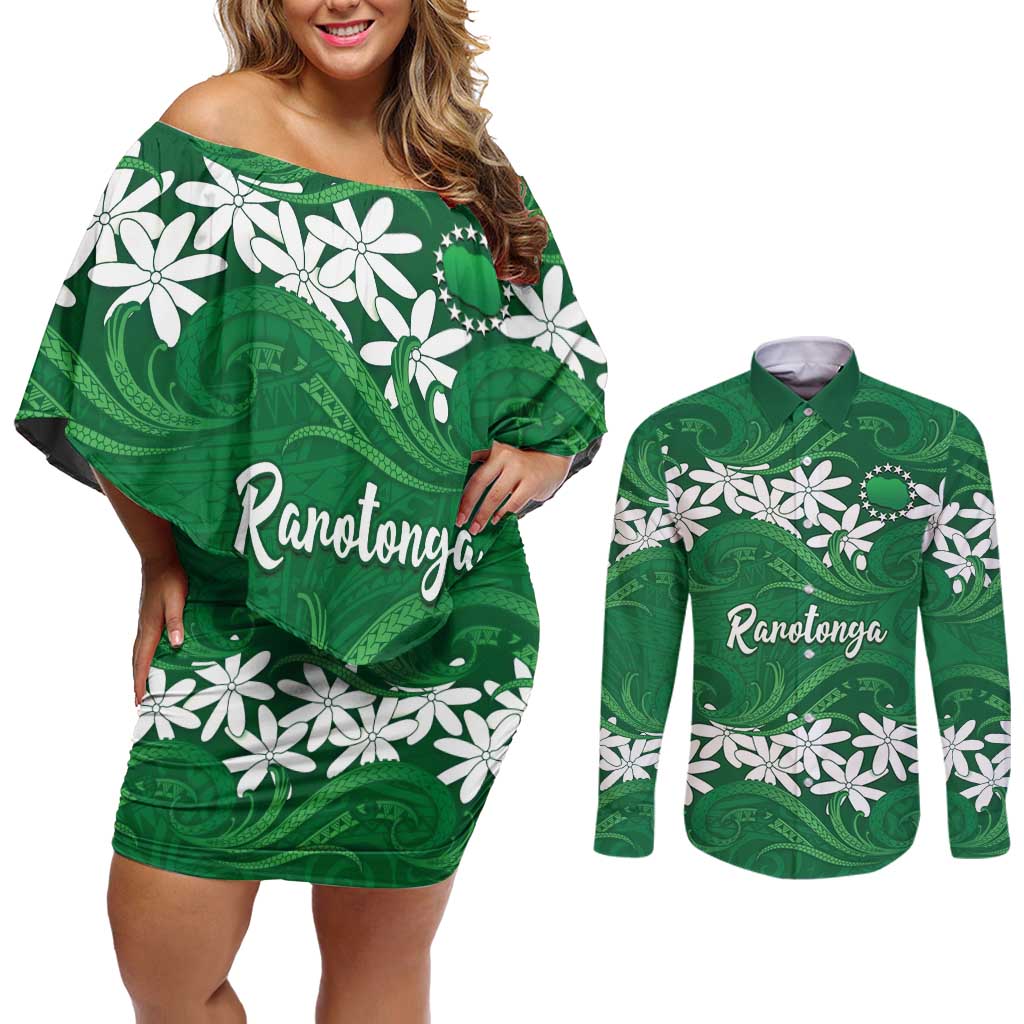 Personalised Cook Islands Rarotonga Couples Matching Off Shoulder Short Dress and Long Sleeve Button Shirt Tiare Maori Polynesian Waves Tattoo