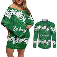 Personalised Cook Islands Rarotonga Couples Matching Off Shoulder Short Dress and Long Sleeve Button Shirt Tiare Maori Polynesian Waves Tattoo