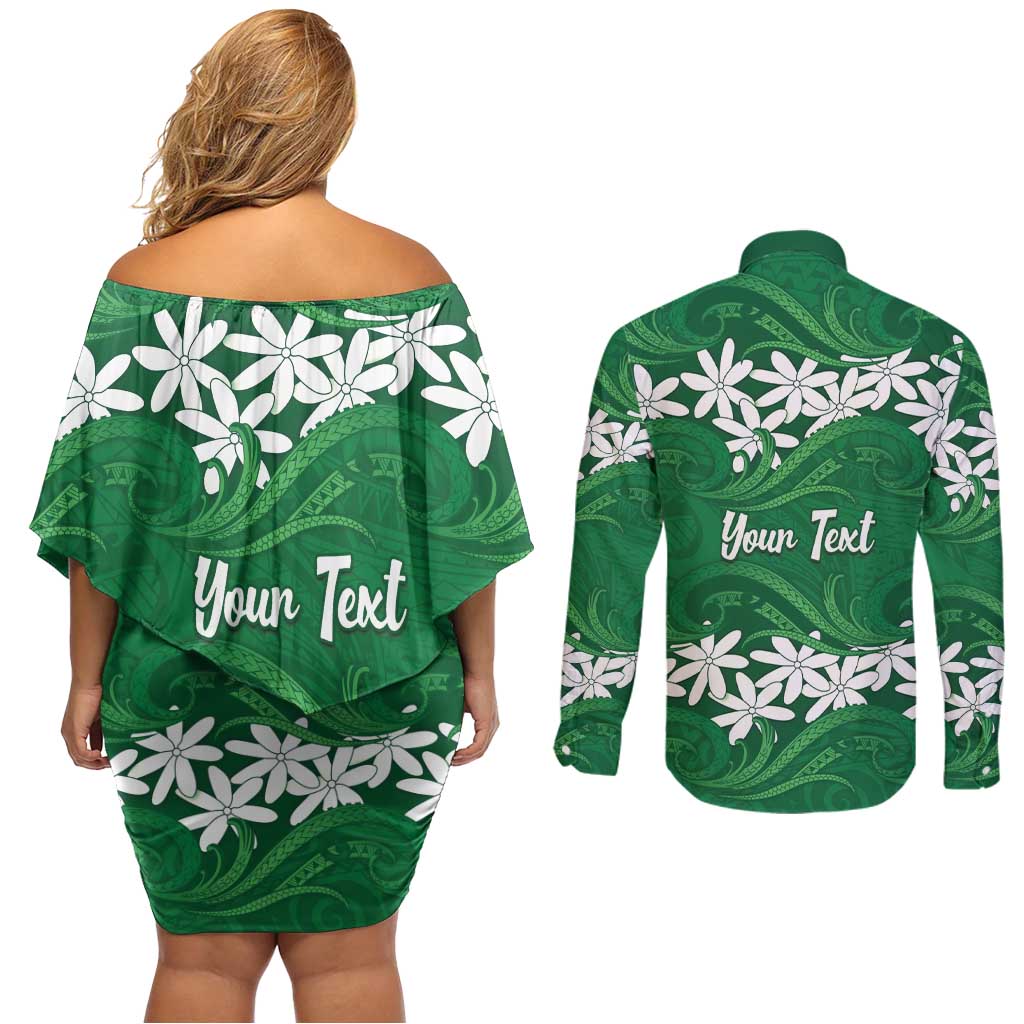 Personalised Cook Islands Rarotonga Couples Matching Off Shoulder Short Dress and Long Sleeve Button Shirt Tiare Maori Polynesian Waves Tattoo