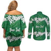 Personalised Cook Islands Rarotonga Couples Matching Off Shoulder Short Dress and Long Sleeve Button Shirt Tiare Maori Polynesian Waves Tattoo