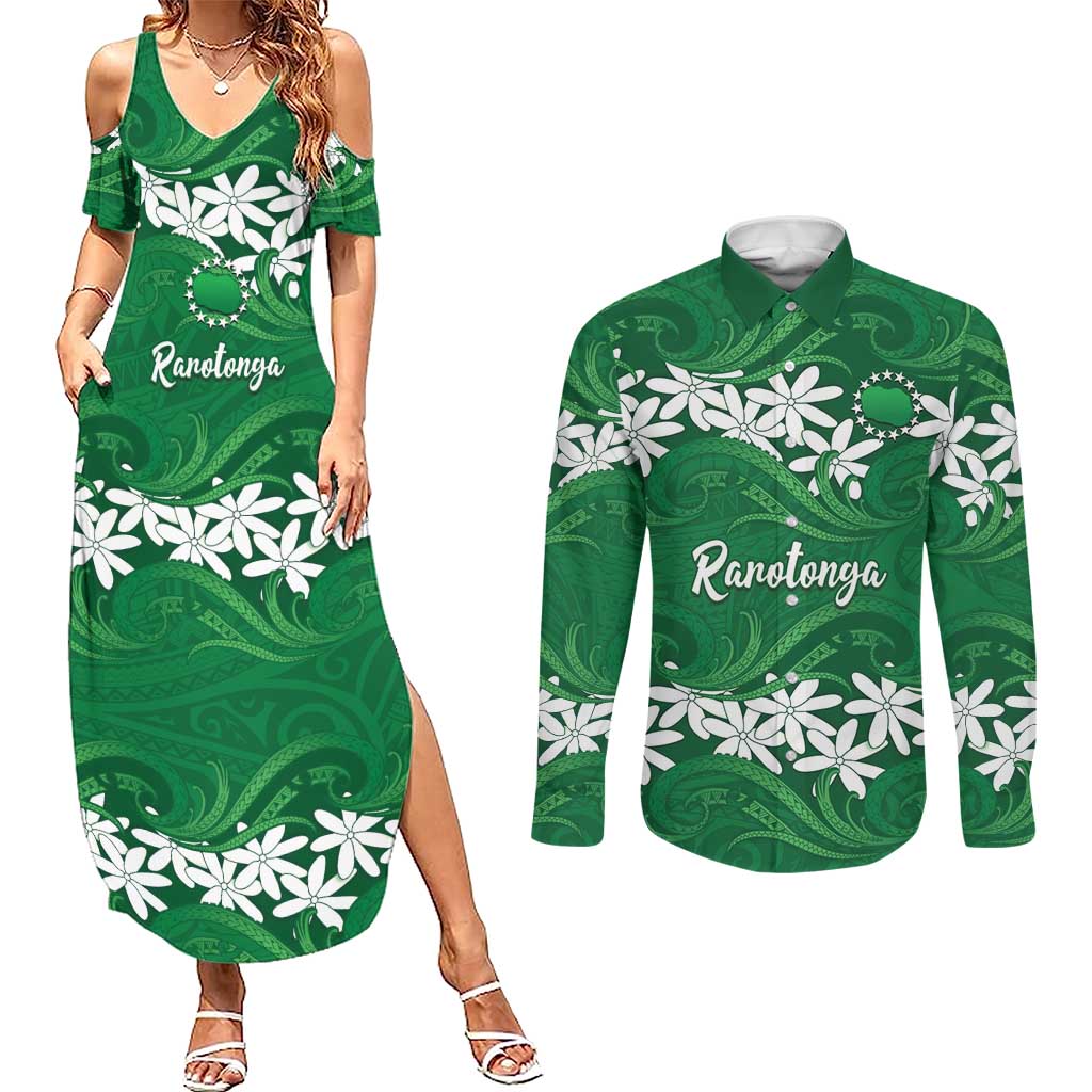 Personalised Cook Islands Rarotonga Couples Matching Summer Maxi Dress and Long Sleeve Button Shirt Tiare Maori Polynesian Waves Tattoo