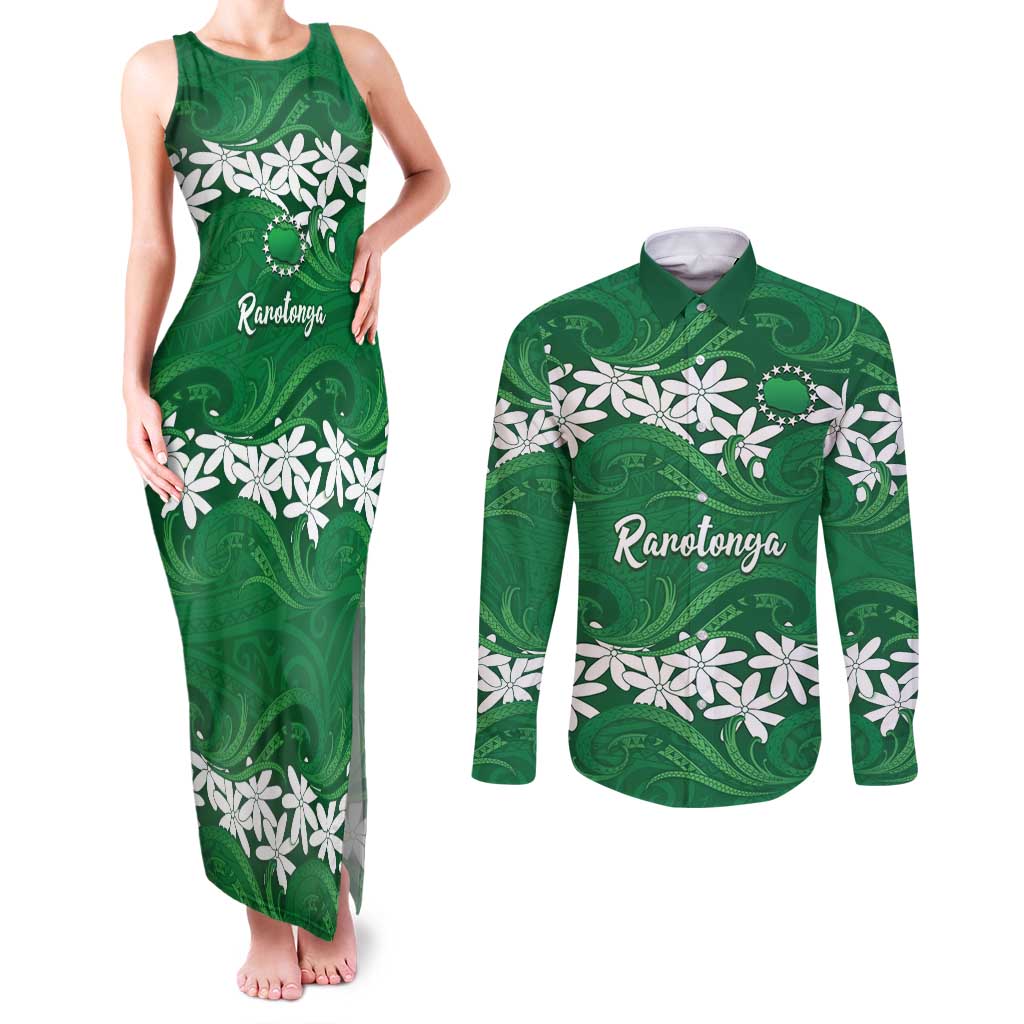Personalised Cook Islands Rarotonga Couples Matching Tank Maxi Dress and Long Sleeve Button Shirt Tiare Maori Polynesian Waves Tattoo