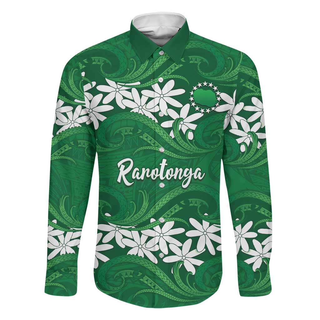 Personalised Cook Islands Rarotonga Family Matching Long Sleeve Bodycon Dress and Hawaiian Shirt Tiare Maori Polynesian Waves Tattoo LT14 Dad's Shirt - Long Sleeve Green - Polynesian Pride