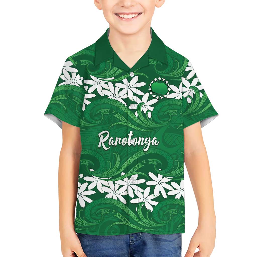 Personalised Cook Islands Rarotonga Family Matching Long Sleeve Bodycon Dress and Hawaiian Shirt Tiare Maori Polynesian Waves Tattoo LT14 Son's Shirt Green - Polynesian Pride