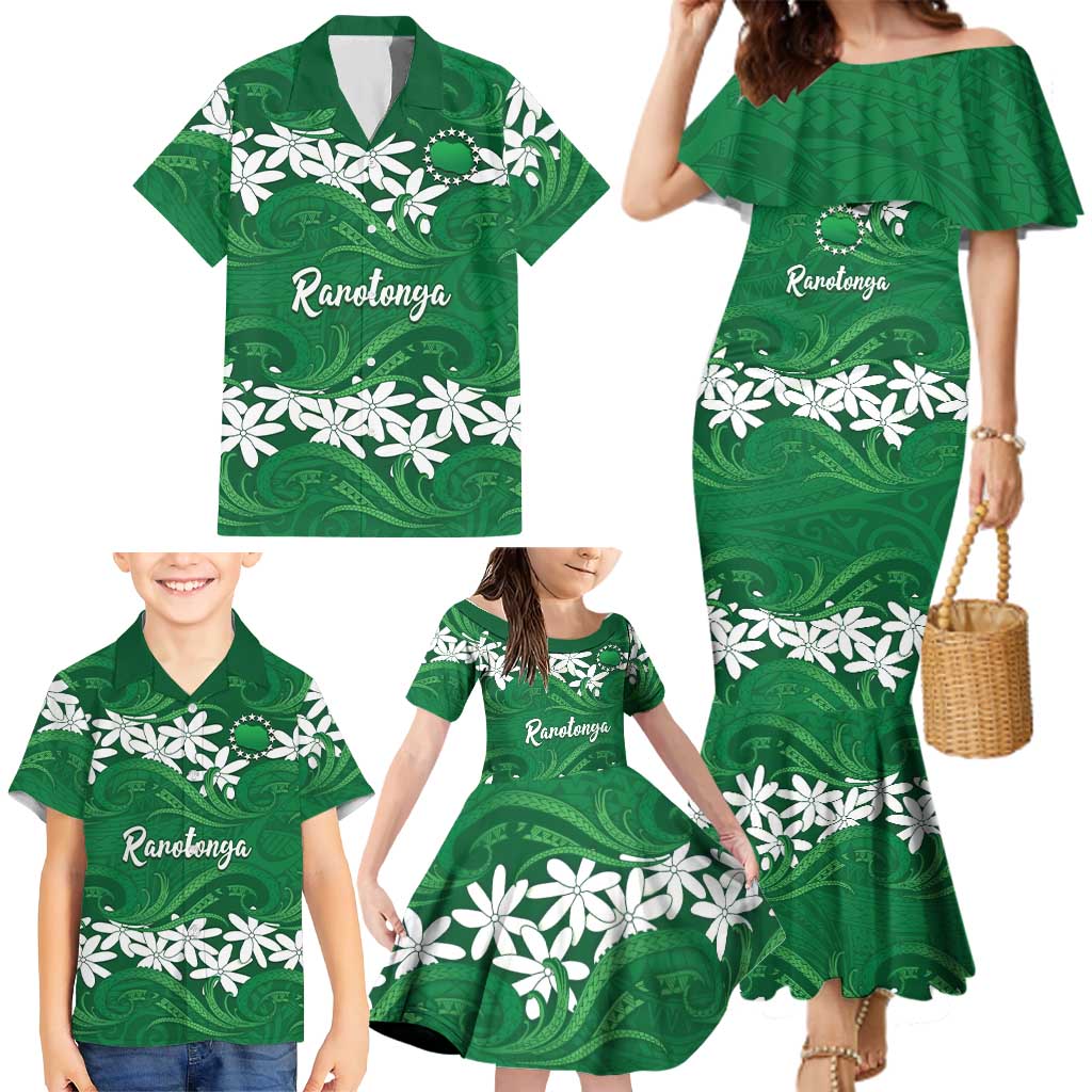 Personalised Cook Islands Rarotonga Family Matching Mermaid Dress and Hawaiian Shirt Tiare Maori Polynesian Waves Tattoo