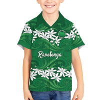 Personalised Cook Islands Rarotonga Family Matching Off The Shoulder Long Sleeve Dress and Hawaiian Shirt Tiare Maori Polynesian Waves Tattoo LT14 Son's Shirt Green - Polynesian Pride
