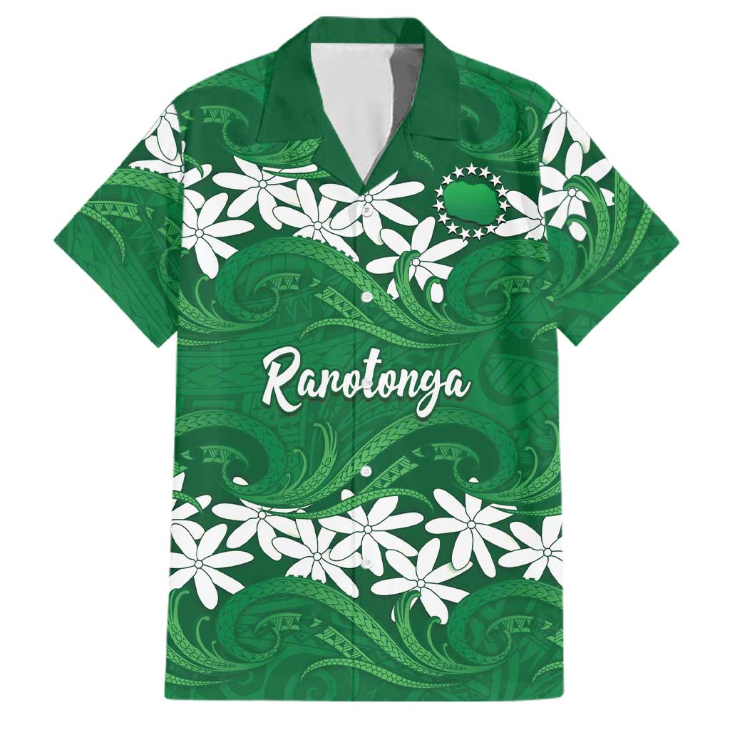Personalised Cook Islands Rarotonga Family Matching Summer Maxi Dress and Hawaiian Shirt Tiare Maori Polynesian Waves Tattoo LT14 Dad's Shirt - Short Sleeve Green - Polynesian Pride