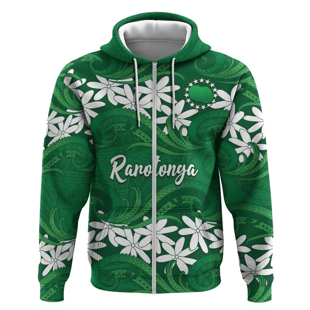 Personalised Cook Islands Rarotonga Hoodie Tiare Maori Polynesian Waves Tattoo LT14 Zip Hoodie Green - Polynesian Pride