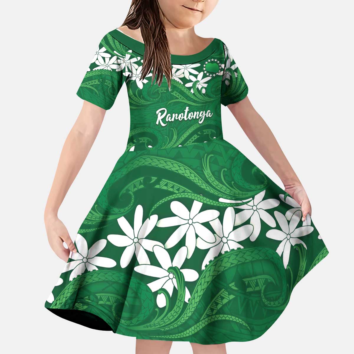 Personalised Cook Islands Rarotonga Kid Short Sleeve Dress Tiare Maori Polynesian Waves Tattoo